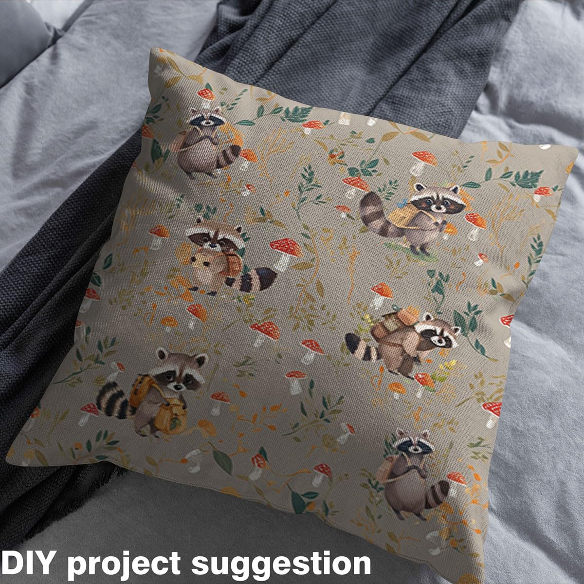 Cute Raccoon Fabric by The Yard Cartoon Red Mushroom Green Leaves No Stretch Sewing Fabric Gray Kawaii Jungle Animals Soft Flannel Polyester Fabric for Quilting Handmade Artwork 1 Yard Pre-Cut,36"x59"
