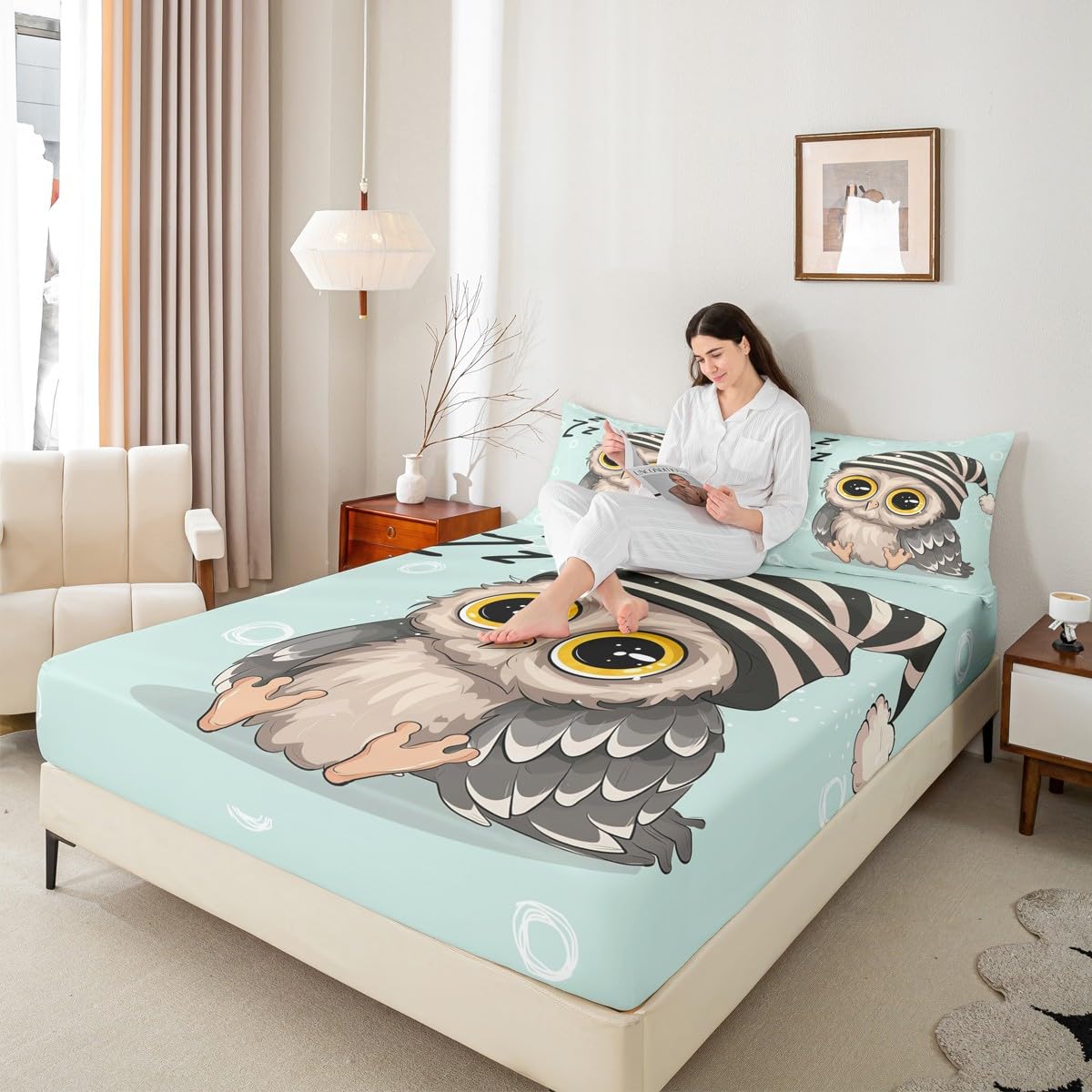 Manfei Owl Sherpa Fitted Sheet Full,Sleeping Sign Bedding Set 3pcs for Kids Teens Girls Room Decor,Contemporary Style Bed Cover Light Green Bed Sheet Set with 2 Pillowcases