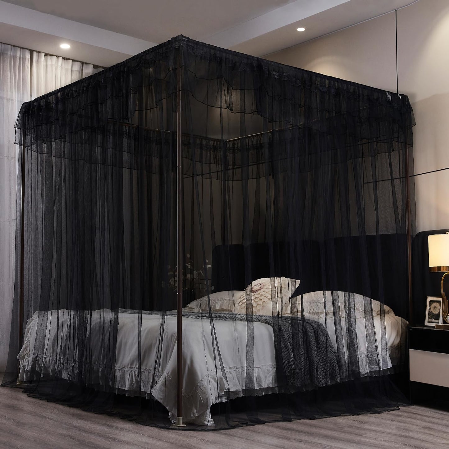 Kertnic Black Canopy Bed Curtains for Girls & Adults, Queen King Bed Canopy Drapes Netting, Practical Mosquito Net for Bed (King- 86" W*78" L*82" H)