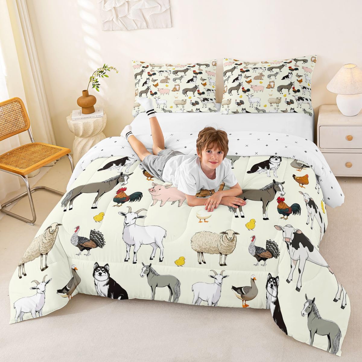 Feelyou Beige Farm Animal Comforter Set Toddler Size Cute Animal Bedding Set for Kids Boys Girls Farm Theme Duvet Quilt Cartoon Bedroom Decor 2 Pcs with 1 Pillow Cases