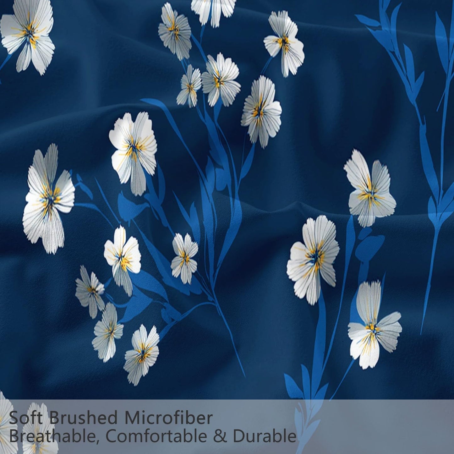 Super Soft Japanese Floral Style Duvet Cover Set Twin Size, Minimalist White Small Flowers Navy Blue Bedding for Kids Boys Girls Teens - Breathable and Anti-Allergic Soft Comforter Cover