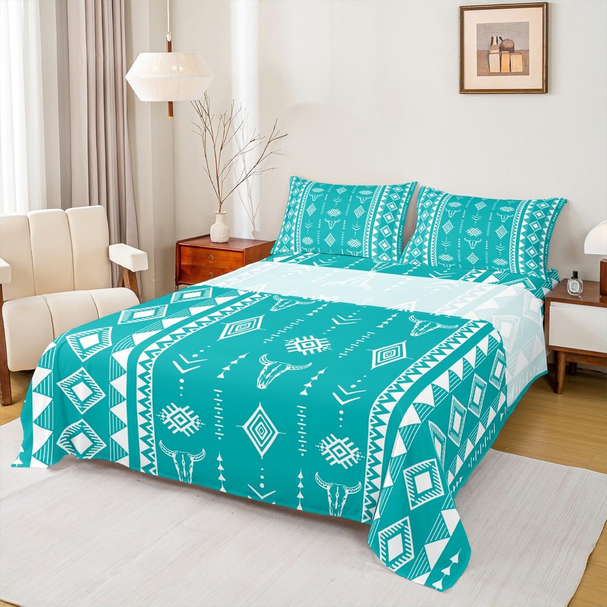 Erosebridal Western Aztec Boho Flat Fitted Sheet, Bull Skull Bed Sheets Set Full Size for Boys Girls Men Women Home Decor, Southwestern Cowboy Bedding Set, Ethnic Horns Bed Sets