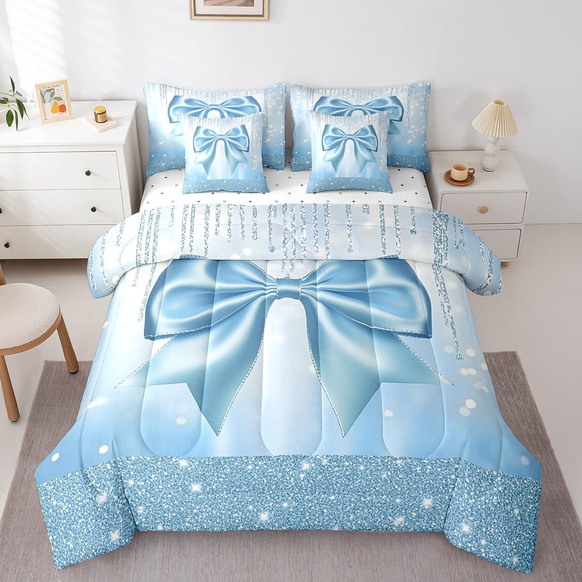 Feelyou Kids Cute Bowknot 7 Pieces Bedding Set Twin Size, Dreamy Princess Comforter Set with Sheets Boys Girls Glitter Bed in A Bag Blue Bow Teens Bed Set Bedroom Decor 7Pcs