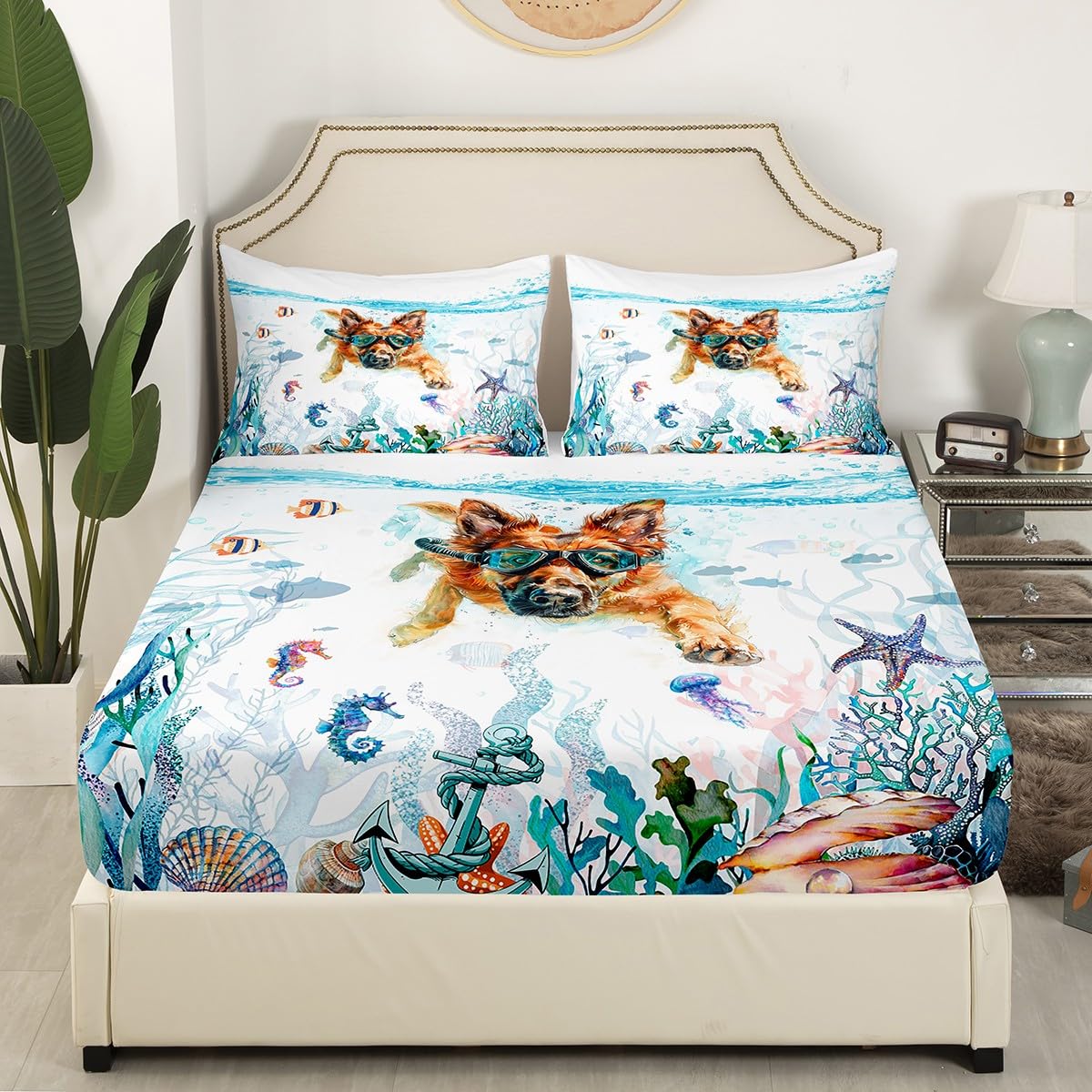 Feelyou Cute Dog Bed Sheet Set Twin Size German Shepherd Fitted Sheet for Kids Boys Girls Room Decor Ocean Bedding Set Puppy Dog Bed Cover Deep Pocket Bed Set