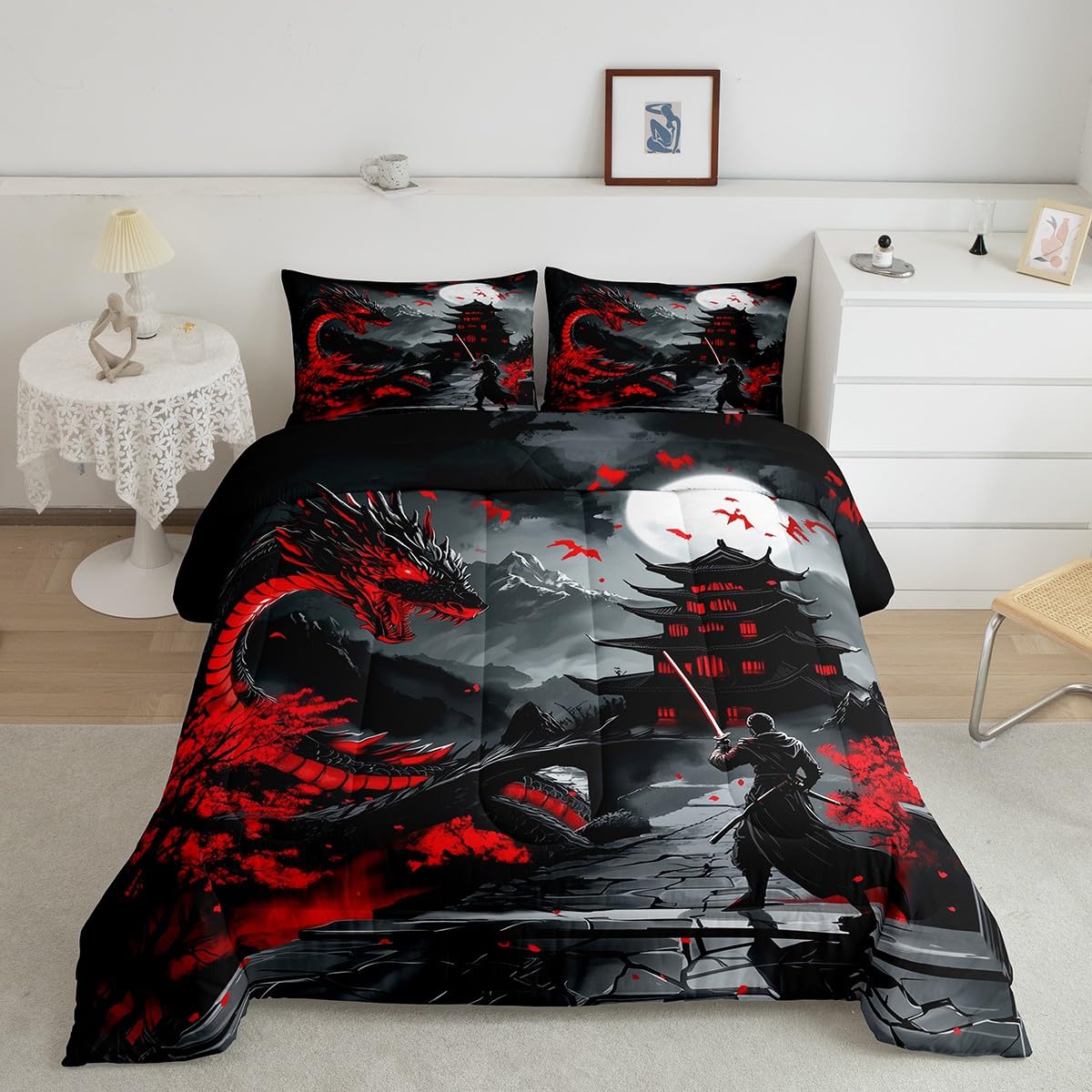 Erosebridal Dragon Bedding Set Queen Size, Japanese Style Comforter Set for Teens Youth Adult Men Room, Ancient Animal Quilt, Retro Wildlife Ukiyo-E Down Comforter, Black Grey Red