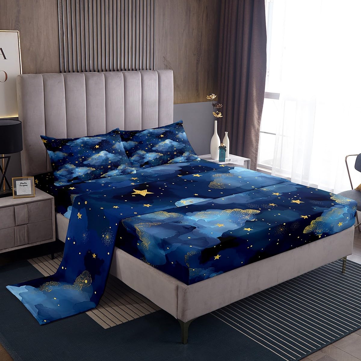Castle Fairy Night Sky Sheet Set Trippy Starry Galaxy Bedding Set Ombre Blue Cloud Bed Sheets Teens Room Decor Navy Blue Bed Set (Twin Flat Sheet & Fitted Sheet with 1 Pillow Case)