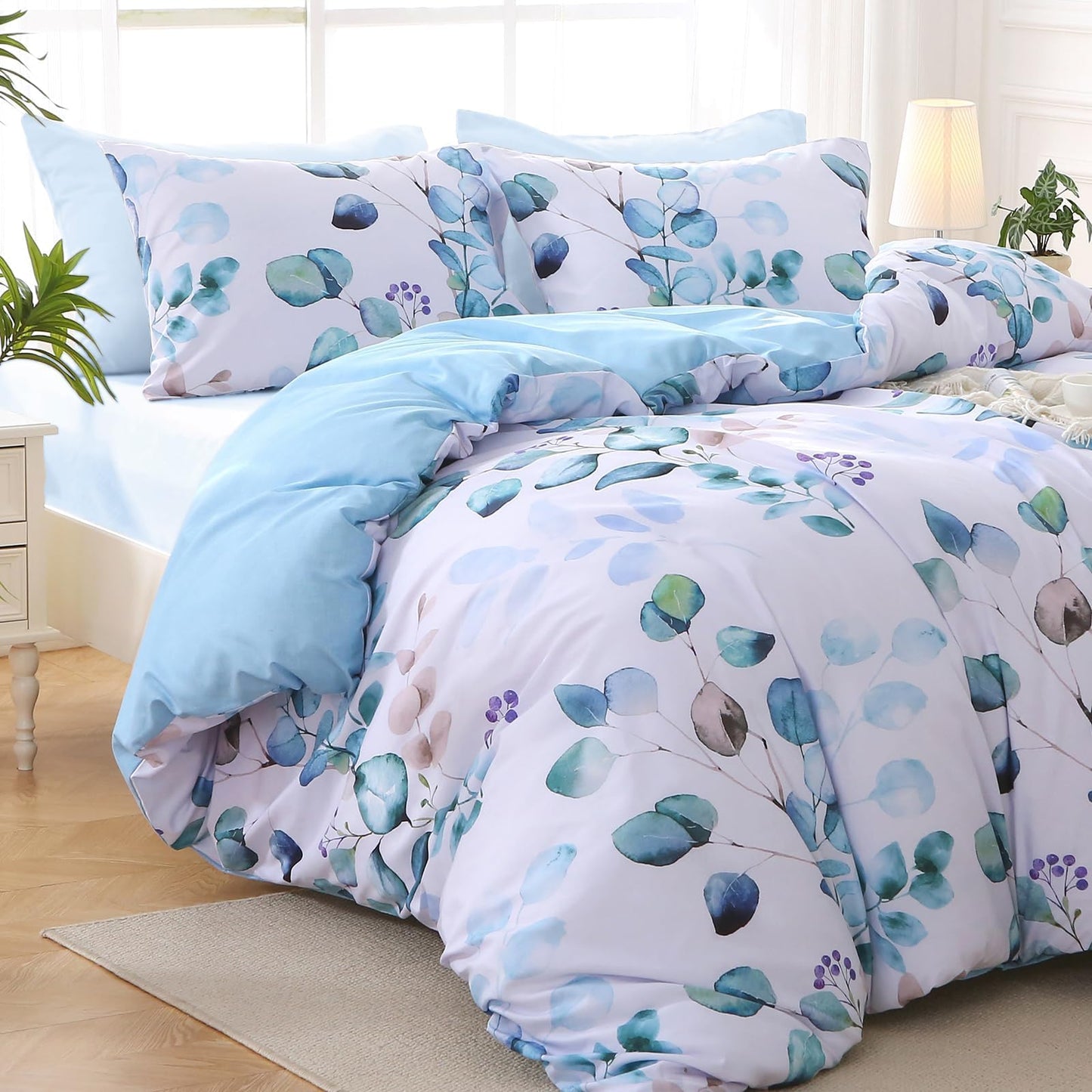 MUXHOMO Bed in a Bag King 7 Pieces, King Comforter Set Reversible Blue Botanical Flowers Design, Ultra Soft & Breathable Bedding Sets with Comforter, Sheets, Pillowcases & Shams