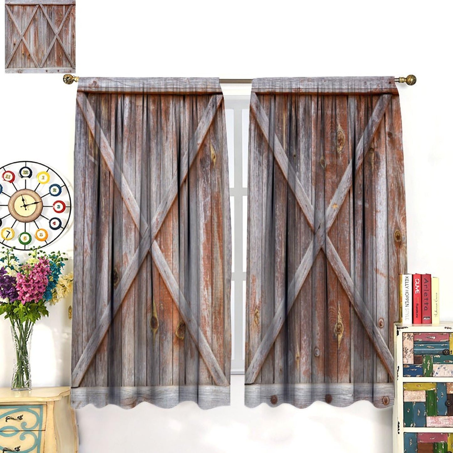 Rustic Window Curtains, Old Barn Door Wooden Board for Living Room Bedroom Kitchen, Rural Hardwood Farmhouse Western Retro Drapes Set 2 Panels,42x45 Inches