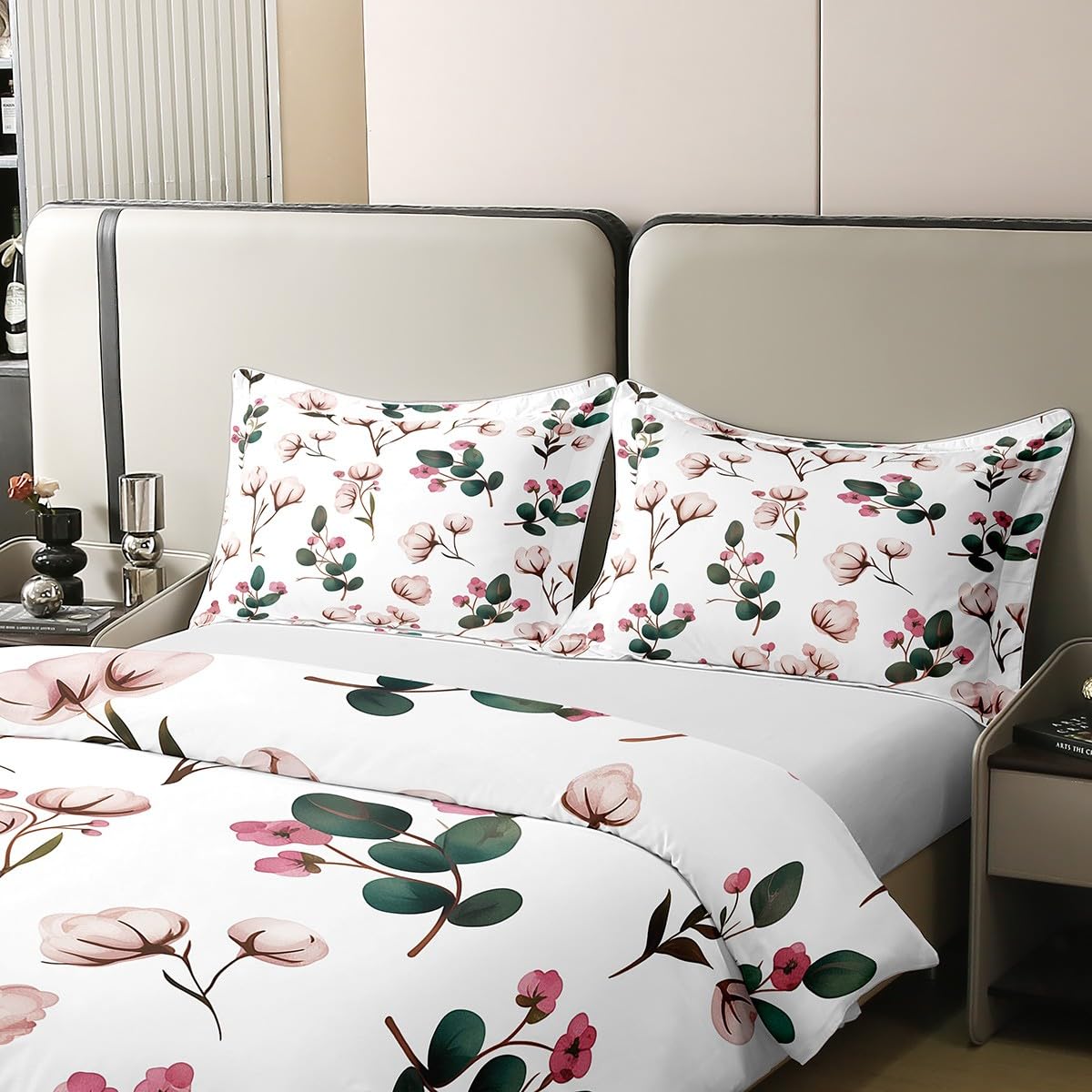 Erosebridal White Pink Cotton Bed Set,Cute Wool Print Bedspread Cover,Farmhouse Botanical Floral Duvet Cover,Branche Flowers Comforter Cover with 1 Pillowcase Twin Size