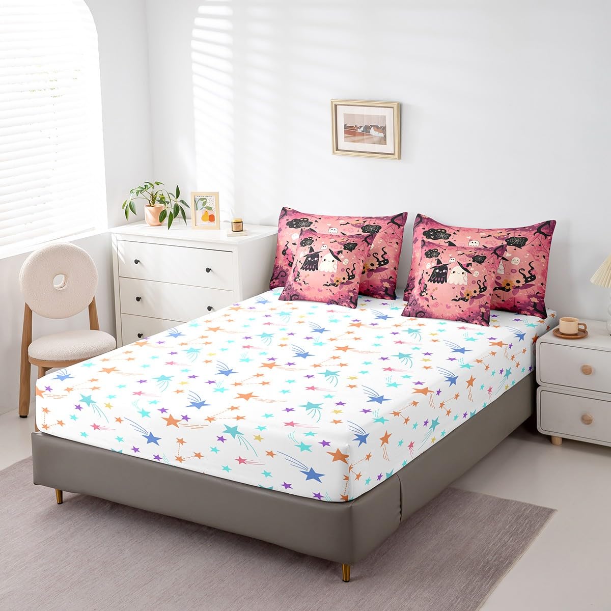 Feelyou Happy Halloween 7 Piece Bedding Set Twin Size Cute Ghost Groovy Bed in a Bag for Kids Boys Girls Teens Pink Sweet Comforter Set with Sheets Spiderweb Bed Set