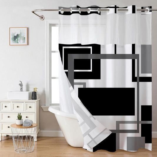 Vostolaiv No Hook Shower Curtain Black Geometric Shower Curtains with Snap in Liner Set Waterproof Polyester Shower Curtains Checkered Vintage Hookless Shower Curtain for Bathroom Tub, 72" X 75"