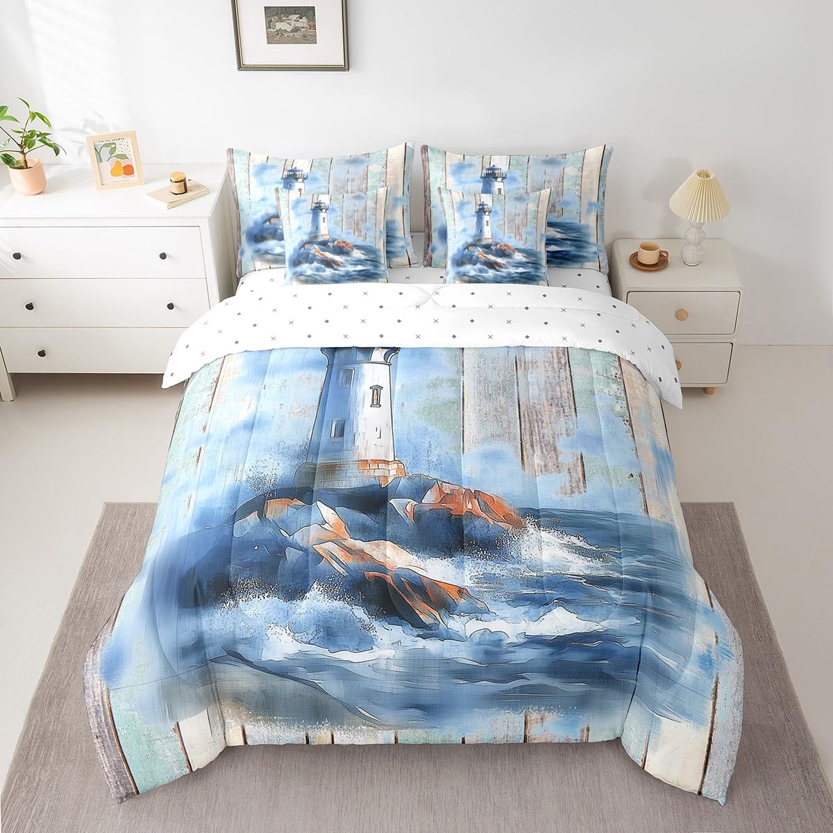 Feelyou Lighthouse Comforter Set 7 Pieces Twin Size Kids, Ocean Sea Rustic Bedding Set Boys Girls, Islands Coastal Bed in a Bag,Comforter + Sheets + Pillowcases + Cushion Covers