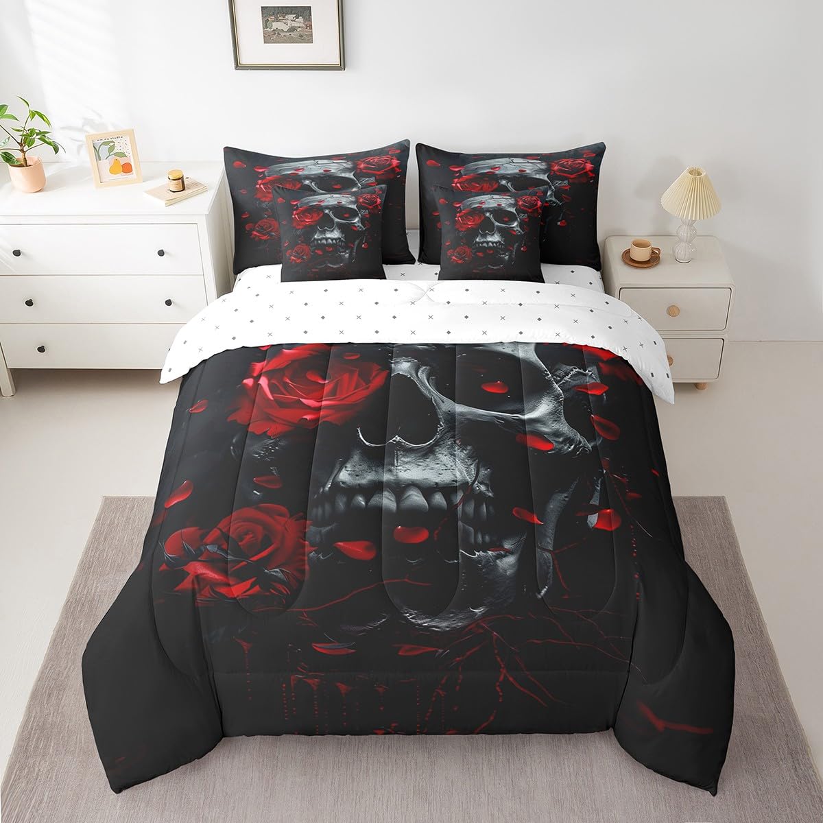 7 Pieces Twin Size Trippy Skeleton Comforter Set,Roses Flowers Psychedelic Bedding Set for Boys Girls,Gothic Skull Halloween Theme (Comforter+Fitted+Flat Sheet+2 Pillowcases+2 Throw Pillow Covers)
