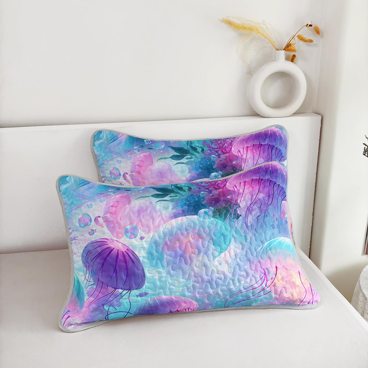 AILONEN Full Quilted Comforter 3-Piece Set Magenta Jellyfish Bedspread Coverlet 2 Pillowcases Soft Cyan Marine Bedding for Teens Guest Apartment Underwater Ethereal Aquatic Sea Glow