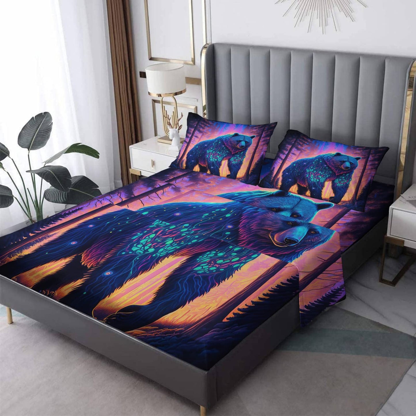 zcwl Queen Sheets Set, Bear Forest Bed Sheets - Microfiber Bedding Sheets & Pillowcases 4 Piece, Animal Colorful Patterned Sheet Set, 16 Inch Deep Pocket Fitted Sheet, Silky Soft Wrinkle Free