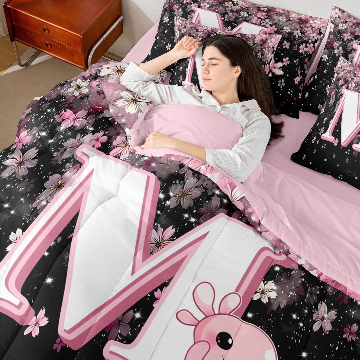 Erosebridal Twin Size Pink Black Alphabet M Bed in A Bag with Cute Axolotl Design - Japanese Cherry Blossom 7 Pieces Bedding Set Cute Axolotl Comforter Set with Sheets Initial Letter Gift for Her