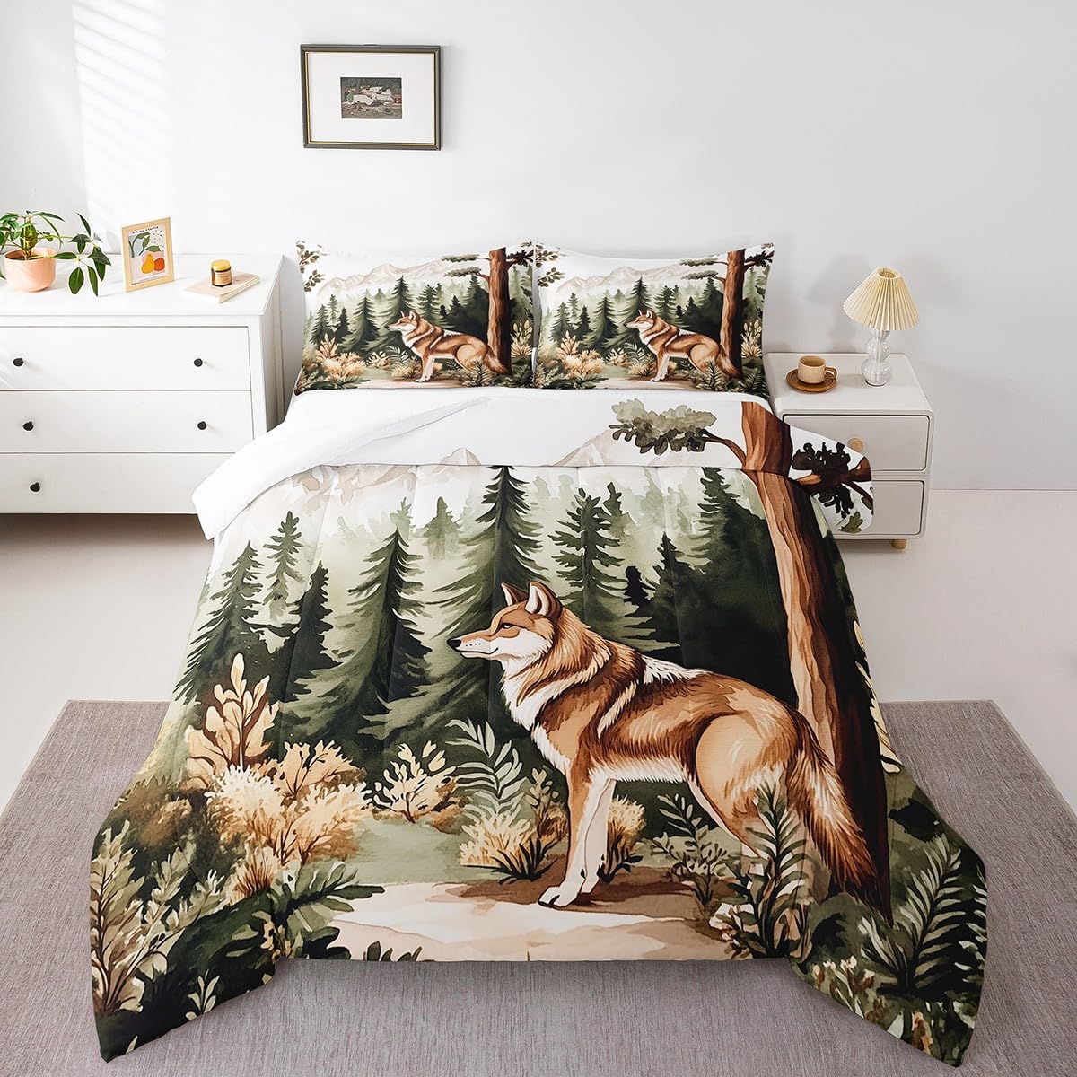 Wolf Bedding Set Full Size,Pine Tree Wild Animal Comforter Set for Kids Girls Boys Adults Room Decor,Jungle Woodland Botanical Duvet Insert 3Pcs,Wildlife Plant Microfiber Quilt Set,2 Pillowcases