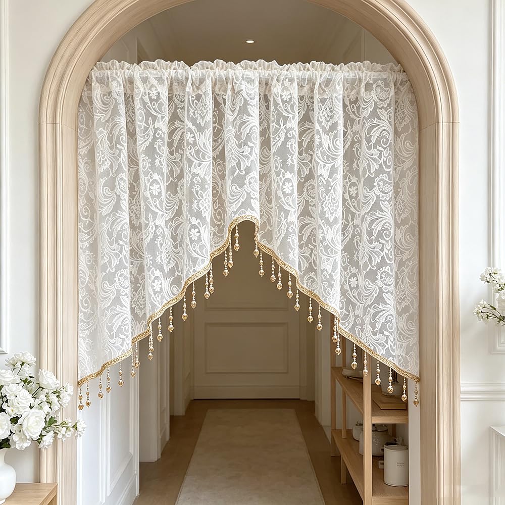 Luxury Victorian Floral White Lace Swag Valance for Arched Door