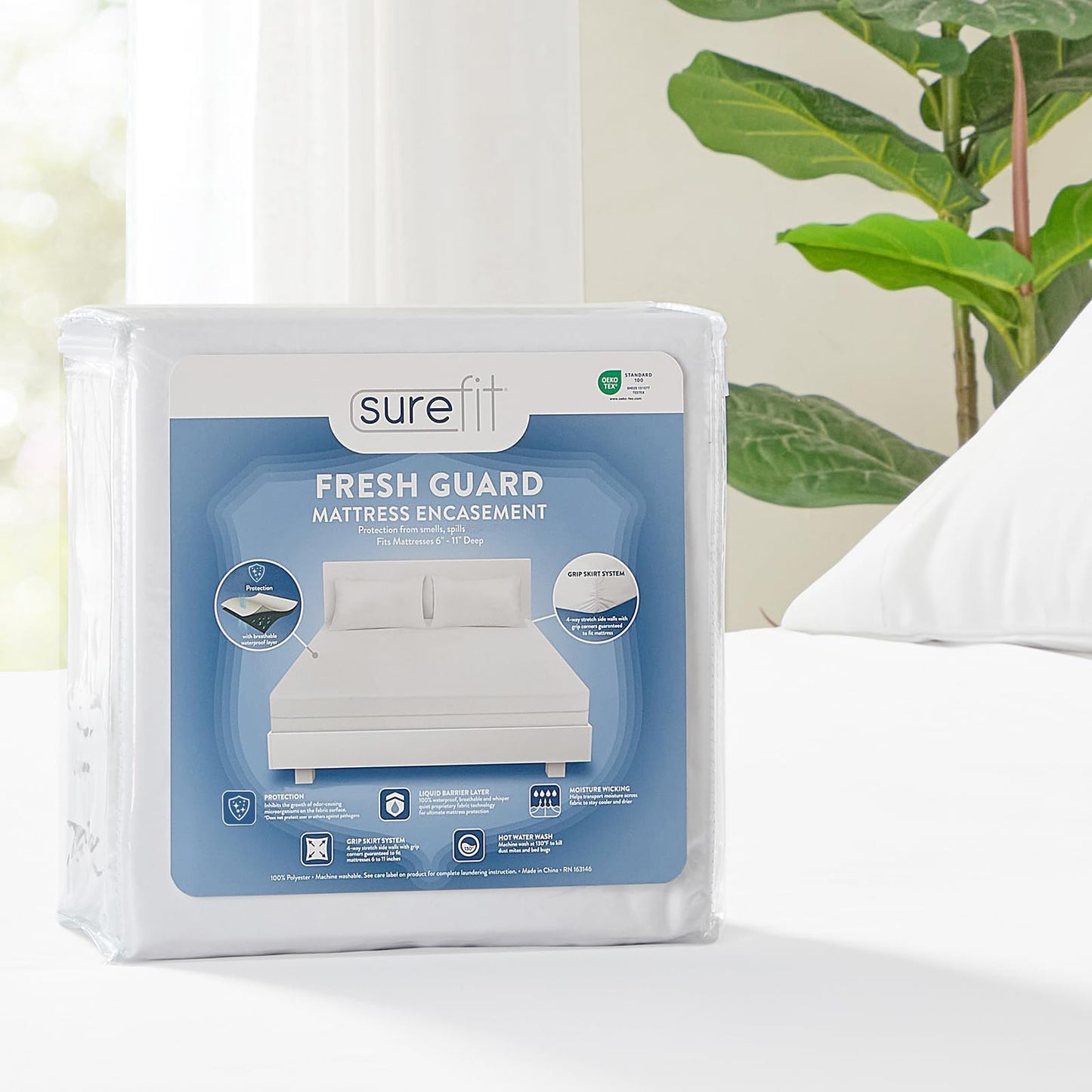 Surefit Freshguard Essential Queen Size Zipped Mattress Encasement, 100% Waterproof Top, Breathable & Quiet, Odor-Resistant Mattress Encasement, Fits 6"-11" Mattresses, Washable