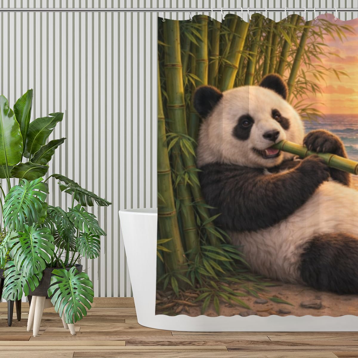 REZHOCH Coastal Funny Panda Shower Curtain 72x72 Inch,Cute Animal Sunset Beach Flowers Ocean Seaside Home Bathroom Decor Fabric Waterproof Bath Bathtub Set with 12 Hooks