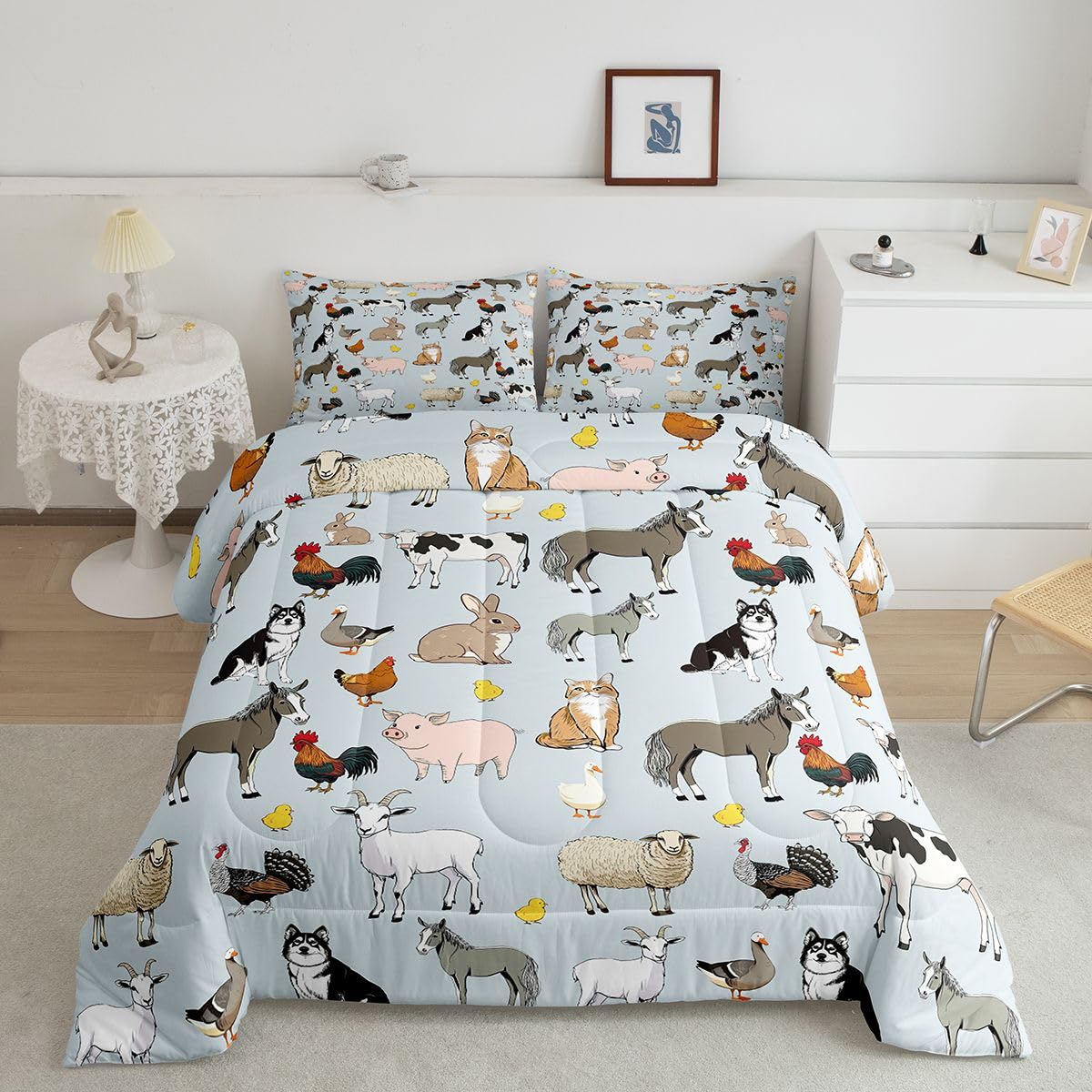 Feelyou Light Blue Farm Animal Comforter Set Toddler Size Cute Animal Bedding Set for Kids Boys Girls Farm Theme Duvet Quilt Cartoon Bedroom Decor 2 Pcs with 1 Pillow Cases