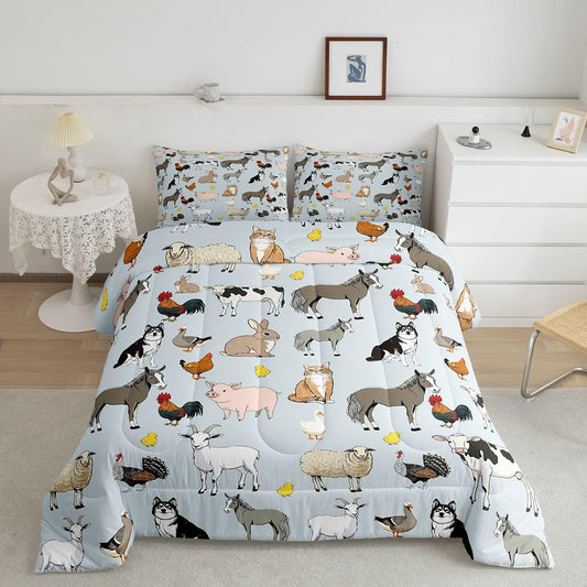 Feelyou Light Blue Farm Animal Comforter Set Toddler Size Cute Animal Bedding Set for Kids Boys Girls Farm Theme Duvet Quilt Cartoon Bedroom Decor 2 Pcs with 1 Pillow Cases