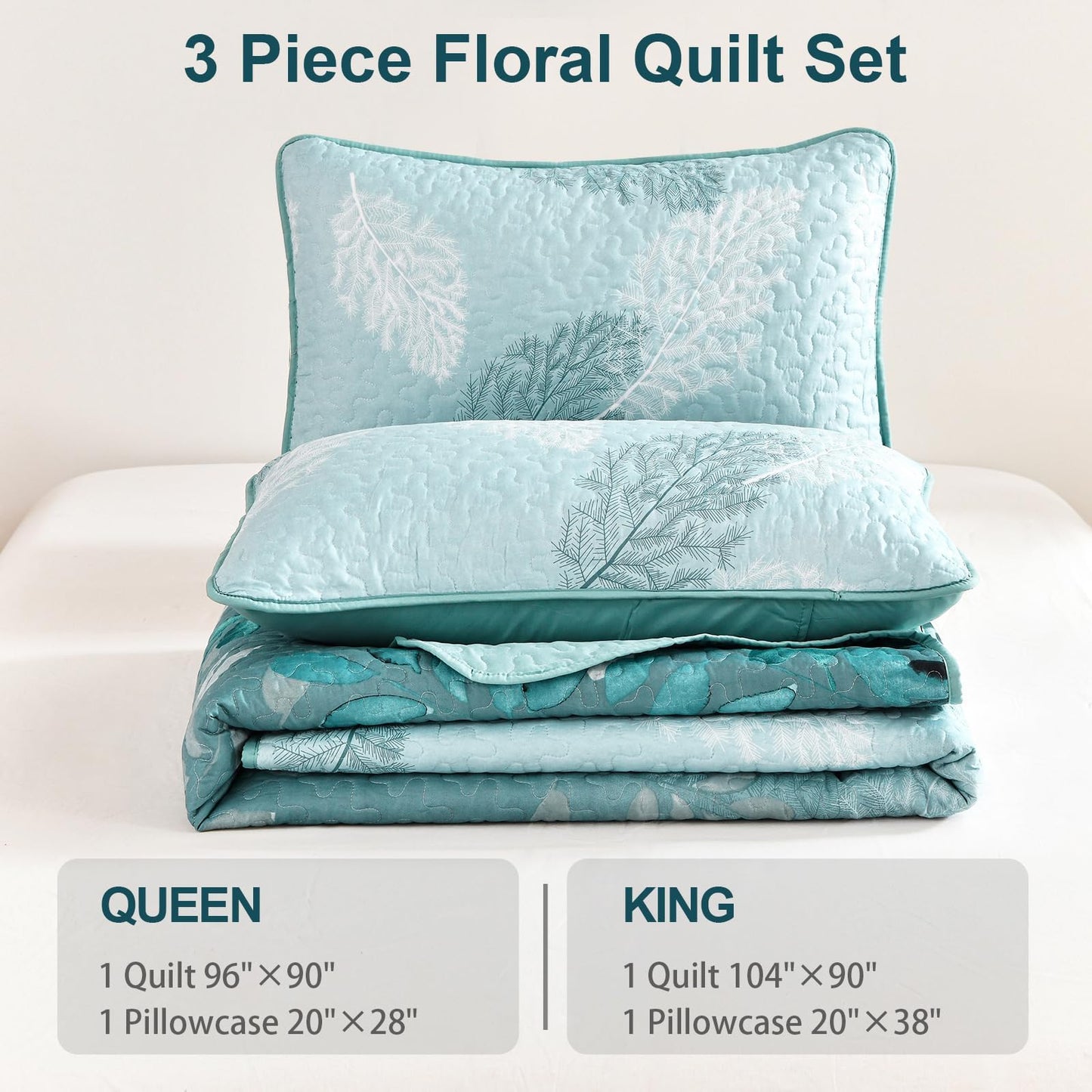 WONGS BEDDING Floral Quilt Set Queen Size, 3 Pieces Aqua Botancal Leaves Bedspread Coverlet Set with 2 Pillowcases for All Season, Soft Microfiber Floral Bedding Set 96"×90"