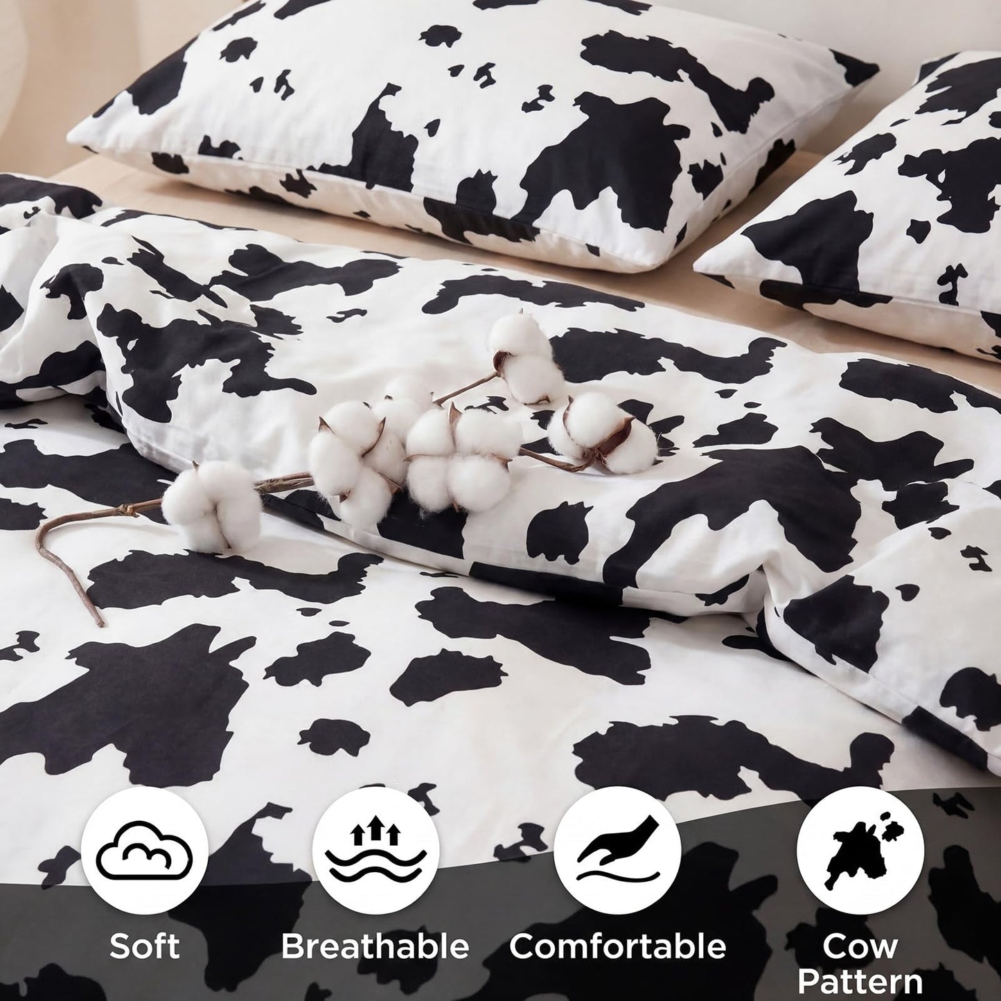 Cozaline 100% Cotton Duvet Cover King Size, Black and White Cow Print Bedding Set with Zipper Closure, Farmhouse Soft Breathable Comforter Cover with 2 Pillowcases for All Seasons