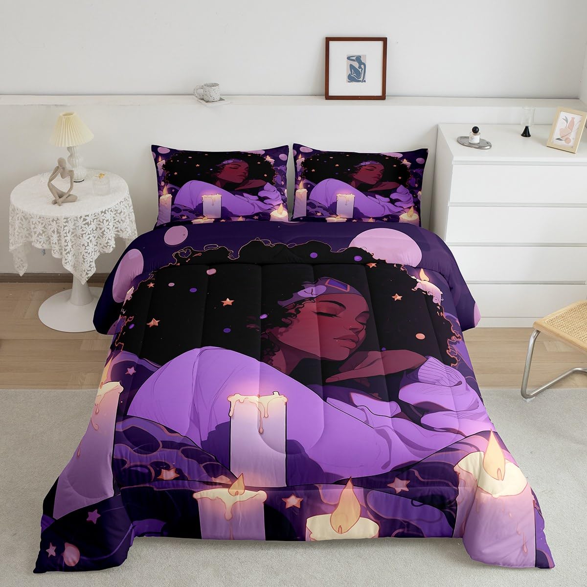 Castle Fairy Cute Black Girls Comforter Set Full Size,African Style Americans Quilt Set Girls Boys Women Teens Room Decor,Dreamy Stars Moon Night Bedding Set Cartoon Purple Duvet Insert,2 Pillowcases