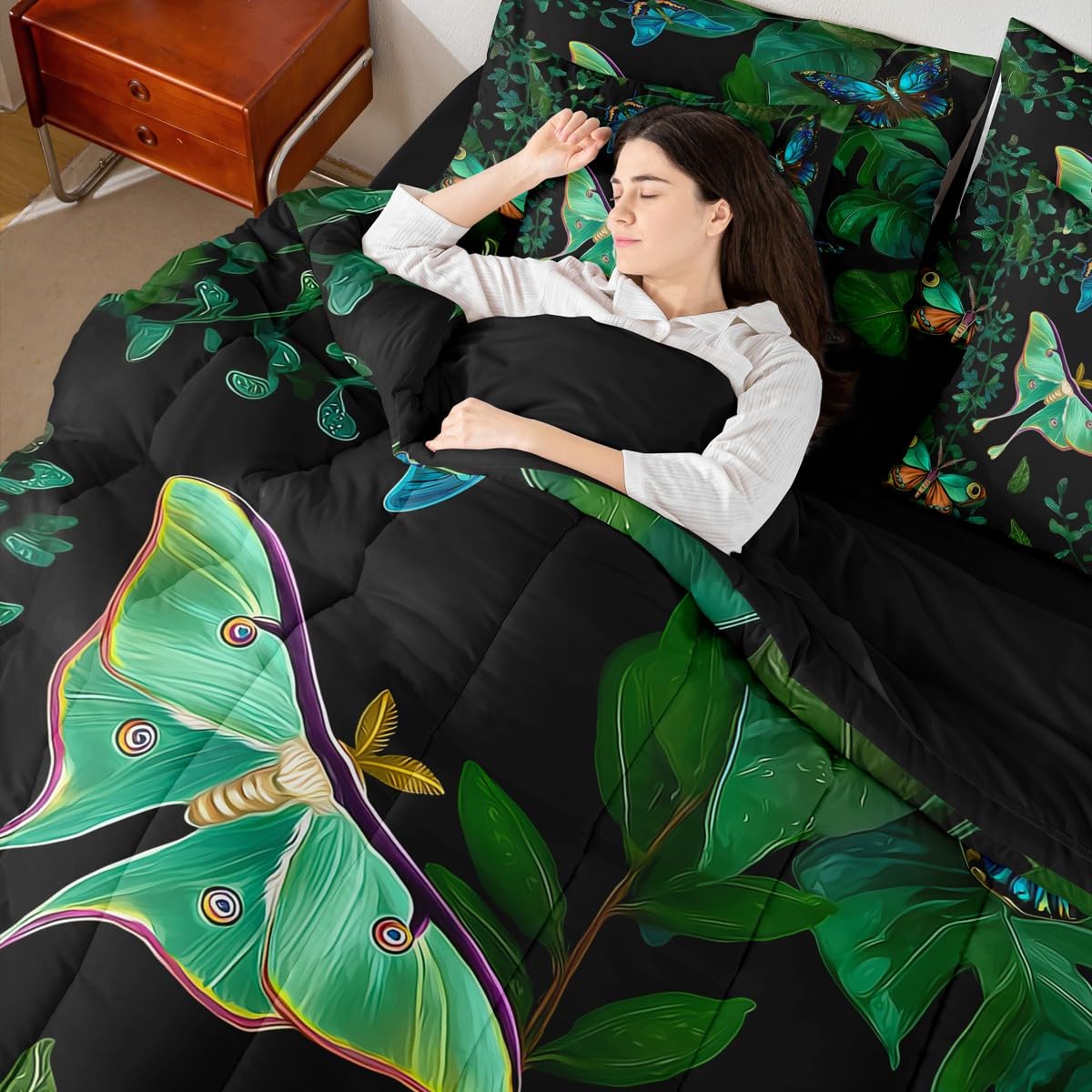 Erosebridal Colorful Butterfly Comforter Set Moth Bed in A Bag King Size 7 Pieces Palm Leaves Banana Bed Set Hawaiian Tropical Leaves Bedding