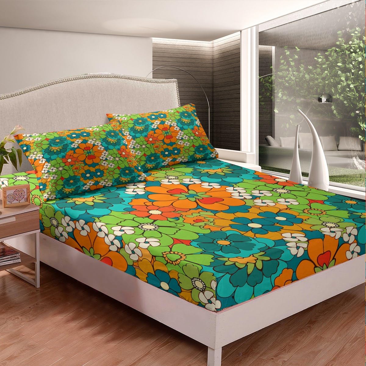 Castle Fairy Abstract Flowers Fitted Sheet Set Full Size 4Pcs,Retro Fresh Style Floral Bedding Set(1 Fitted,1 Flat,2 Pillows),Cartoon Art Deep Pocket Bed Sheets for Girls Teens Room