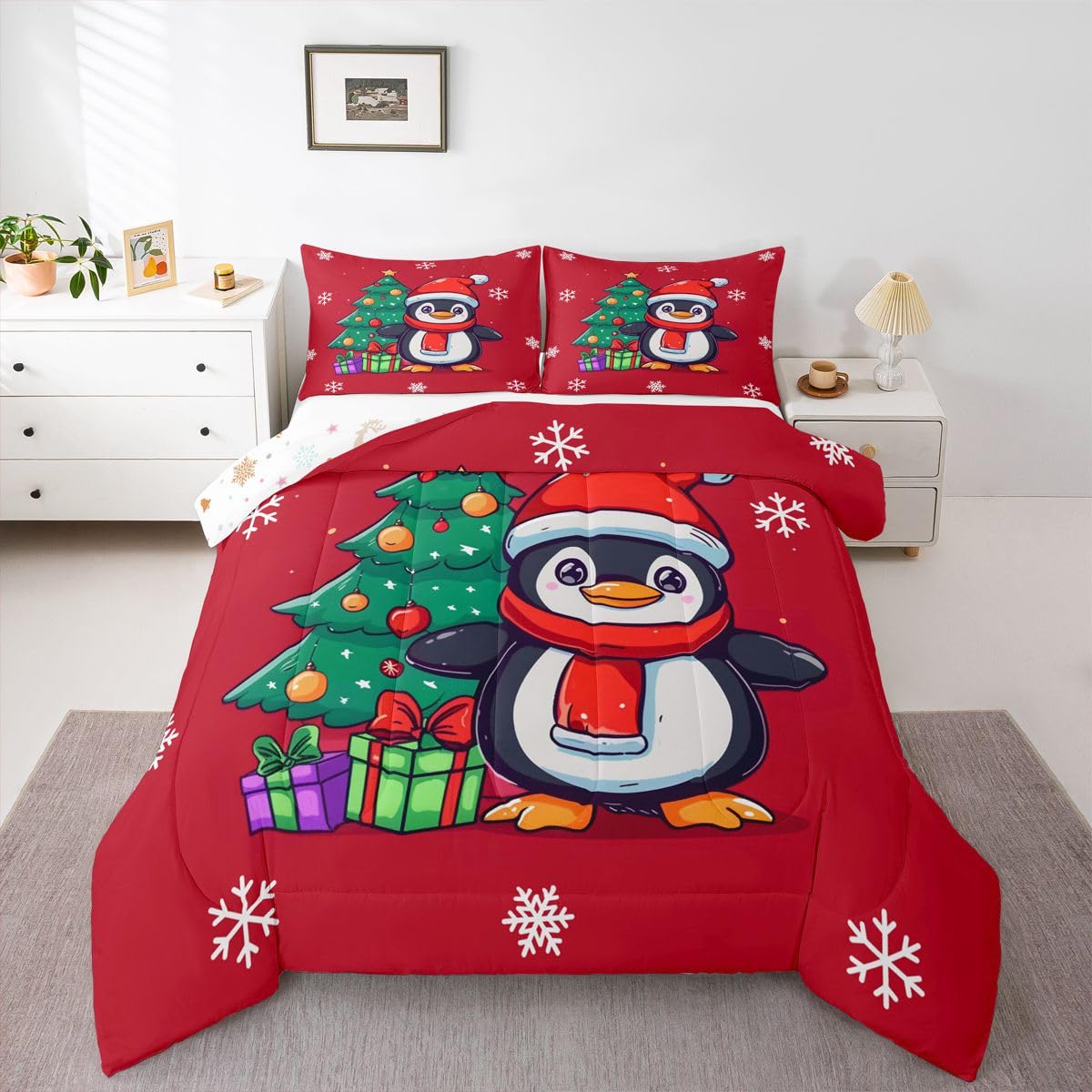 Erosebridal Christmas Penguin Comforter Set Queen Santa Hat Penguin Bedding Set Antarctic Animal Print Comforter for Kids Boys Girls,Xmas Tree Snowflake Gifts Quilt Duvet