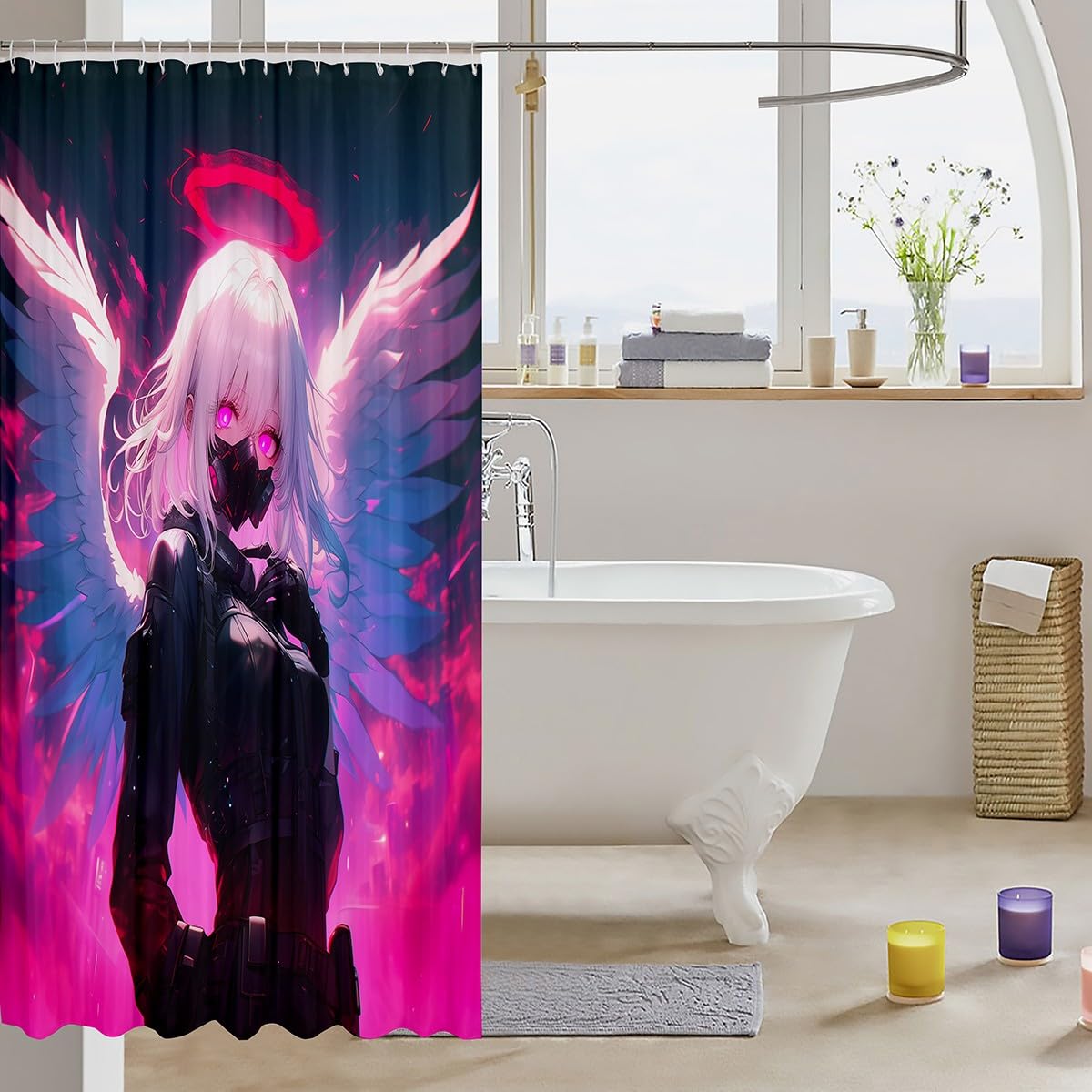 Japanese Anime Bath Curtains Anime Girl Shower Curtain For Kids Girls Teens Men Bathroom, Cartoon Girl Bathroom Shower Curtain Sets 72" W X 78" L Kawaii Japanese Animation Bathroom Accessories