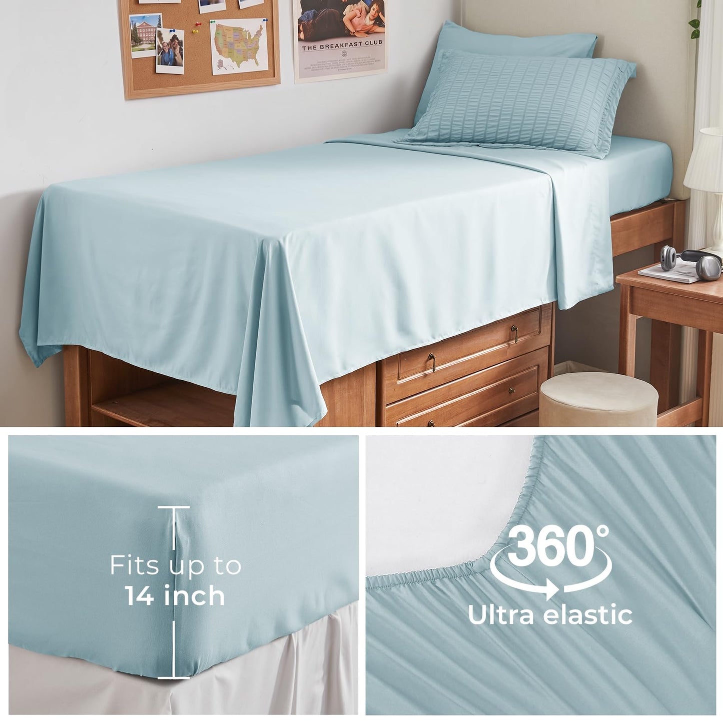 HYMOKEGE Lake Blue Twin Comforter Set Seersucker 5 Pieces, All Season Luxury Bed in a Bag for Bedroom, Bedding Set with Comforters, Sheets, Pillowcase & Shams