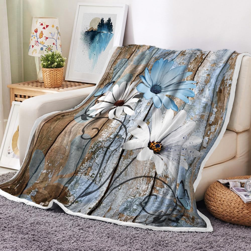 JAWO Farmhouse Flower Floral Throw Blanket, Rustic Blue Daisy Fleece Cozy Warm Bed Couch Blanket, Country Blue Brown Fleece Flannel Throws to Decorate the Room and Bedroom Warm Blanket 50X60IN