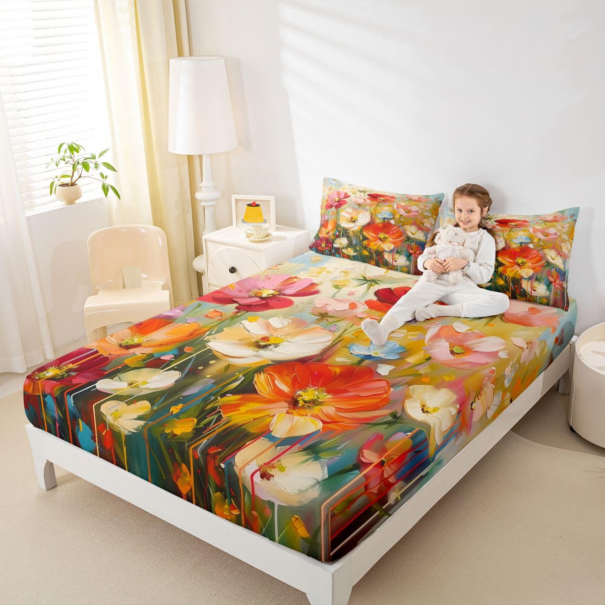 Feelyou Flower Bed Sheets Sets Queen Size Kids Boys Girls Retro Hippie Flower Bedding Set 60S 70S Groovy Bed Sheet Set with 16-Inch Deep Pockets 4Pcs with 2 Pillow Cases