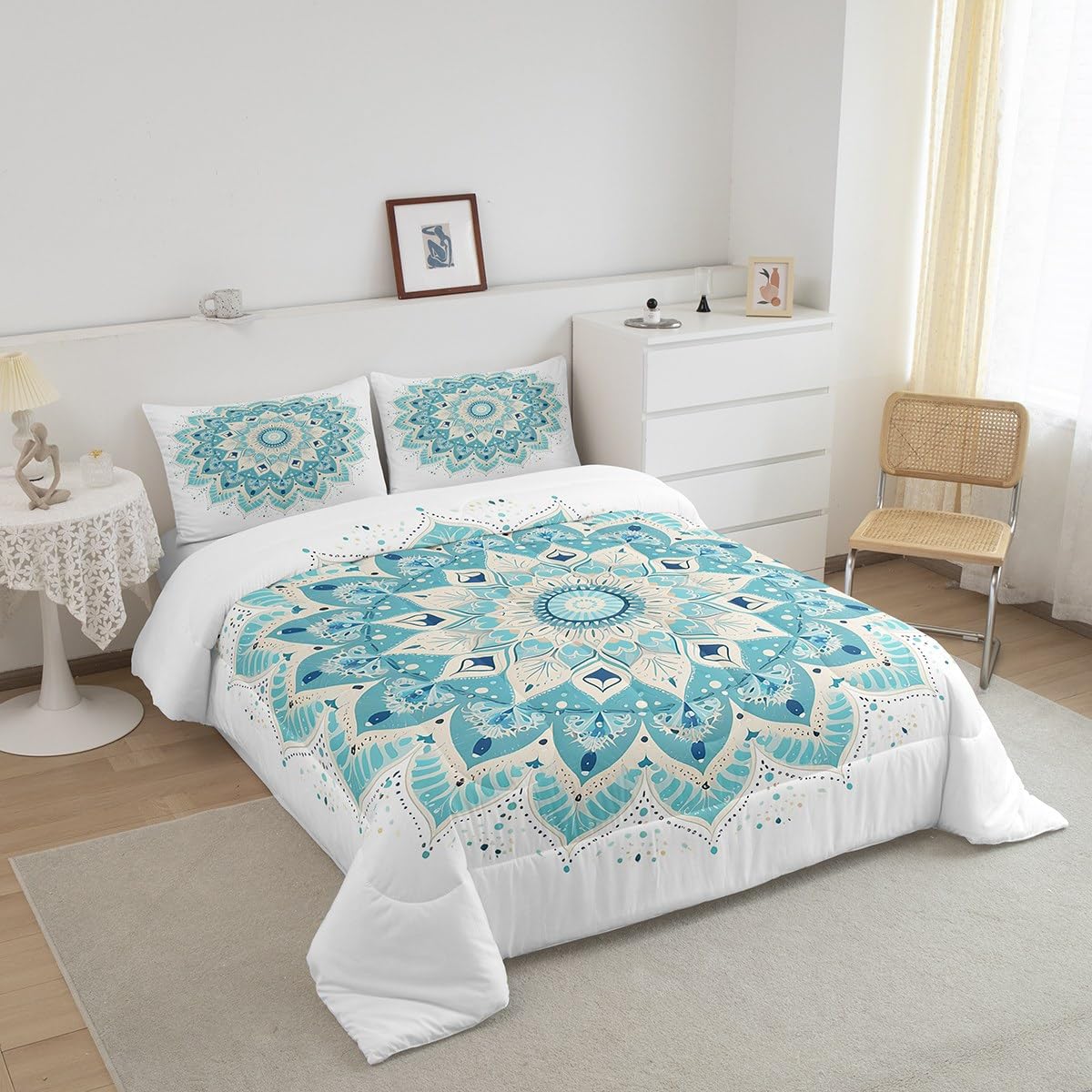 jejeloiu Hippie Mandala Bedding Set Full Size Kids Boho Mandala Comforter for Boys Girls Bohemian Style Comforter Set Green Duvet Set Room Decorations Quilt Set