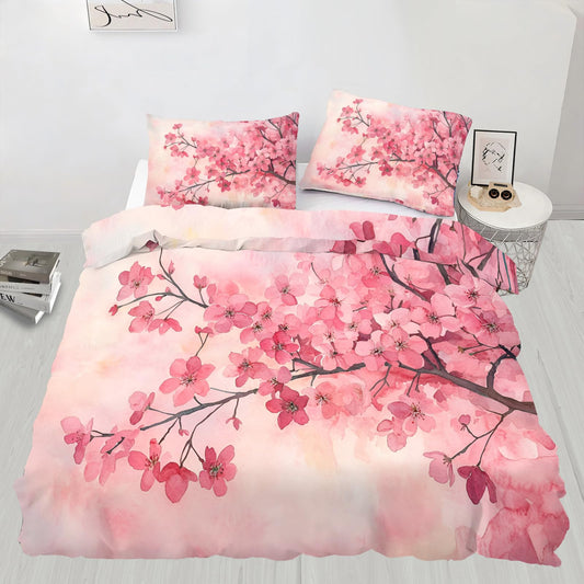 PAISUOQ Cherry Blossom Duvet Cover King, Japanese Florals Comforter Cover with Zipper Ties, Pink Flowers Bedding Set, 3 Pieces with 2 Pillow Cases, Home Decor & Gifts