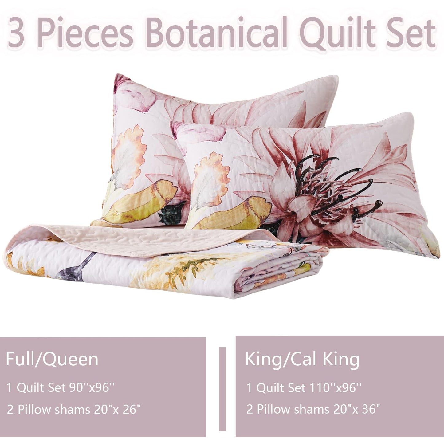 Yogeneg King Size Quilt Set, Elegant Floral Botanical Pattern Pink Bedding Set,3 Piece Lightweight Soft Summer Bedspread Coverlet with 2 PIillow Sham for All Season(Blush Floral,110"x96")