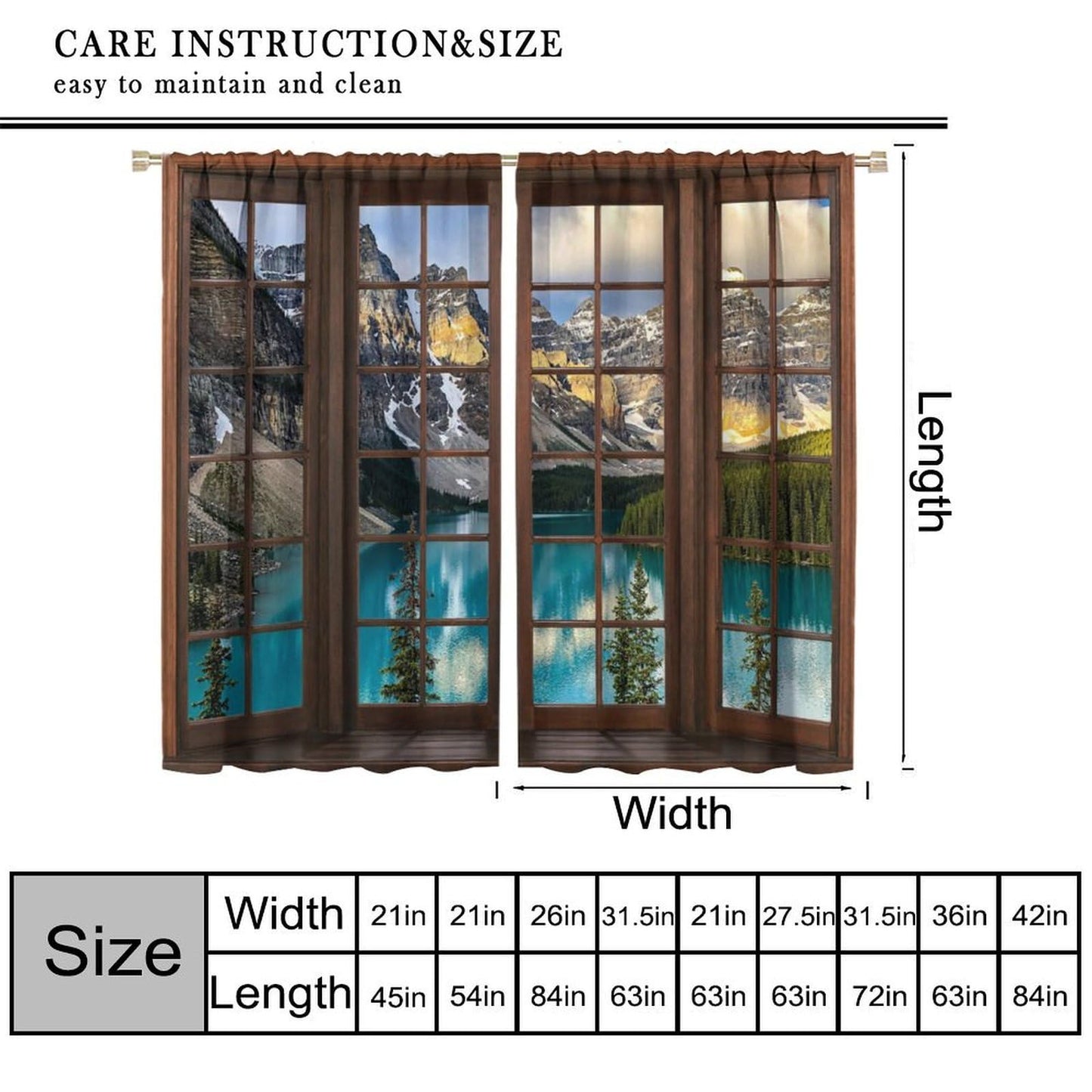 Nanacur 3D Window Lake View Curtains, Nature Landscape Spring Forest Mountains Rod Pocket Window Treatment for Living Bedroom Office Cafe Kitchen Drapes 41" W X 45" L (No Blackout)