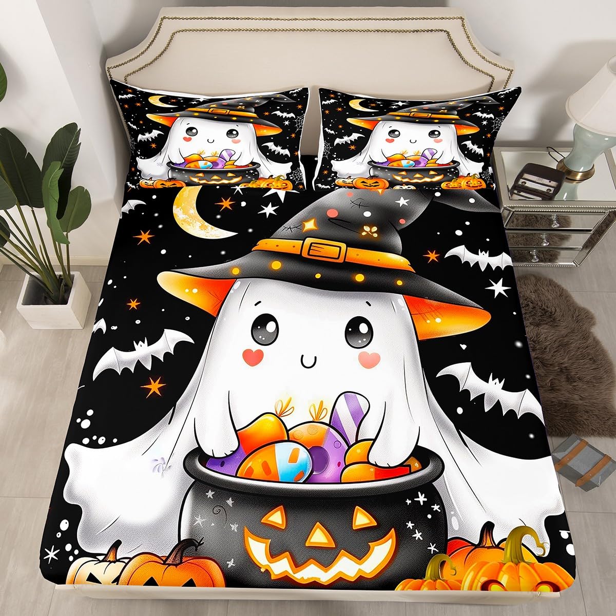 Cute Witch Ghost Fitted Sheet 3 Pcs,White Bat Silhouette Polka Dot Soft Microfiber Sheets Breathable Bedding,Watercolor Pumpinks Candys Bedsheet with Deep Pocket