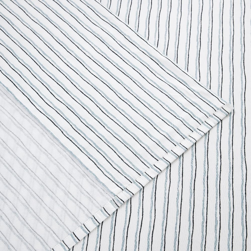 DAUAOTO King Size Cotton Bedding Printed Sheets Set, Up to 14" Deep Mattress, Hand Painted Striped Pattern Bedlinen Sets, Blue Stripe