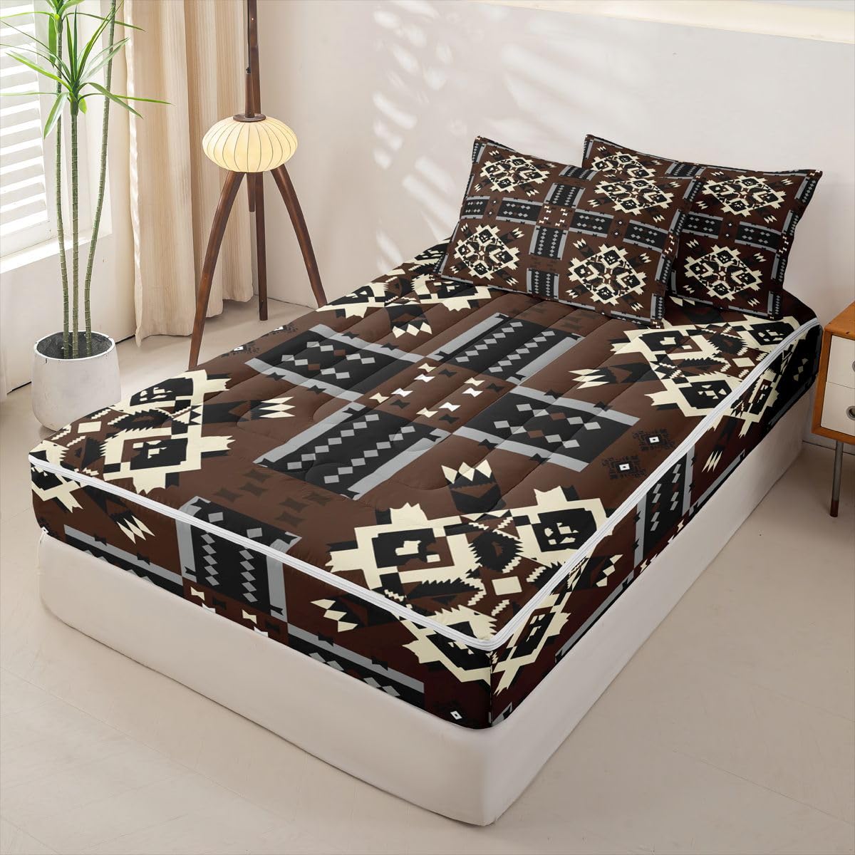 Brown Aztec Zipper Bedding Set Full,Southwestern Tribal Bed-in-a-Bag Set Zip-Up Comforter with Fitted Sheet & Pillowcases,Black and White Native Farmhouse Bedroom Decor for Kids & Teens Pet Friendly