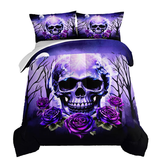 HOSIMA Death Skull Heads Queen Size Gothic Bedding Sets, Horror Theme Halloween Bedding Floral Comforter Sets for Teen Girls Boys Room Decor, Boho Comforter Queen Size Bed with 2 Pillowcases
