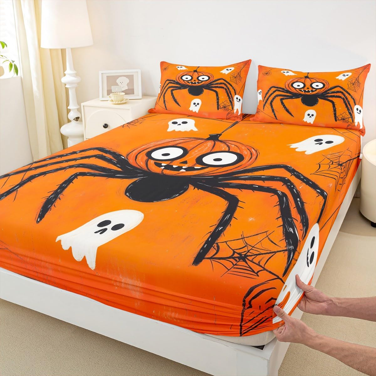 Feelyou Kids Halloween Bed Sheet Set Full Size, Spider Bedding Set Orange Pumpkin Fitted Sheet Boys Girls Horror Teens Bedroom Decor (2 Pillow Cases and a Fitted Sheet)