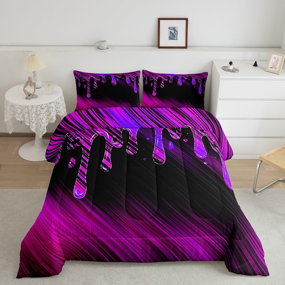 Feelyou Abstract Bedding Set Kids Ombre Purple Black Reversible Comforter Set Modern Art Comforter for Women Men Room Decor Drop-Shaped Duvet Set Full Size with 2 Pillow Case