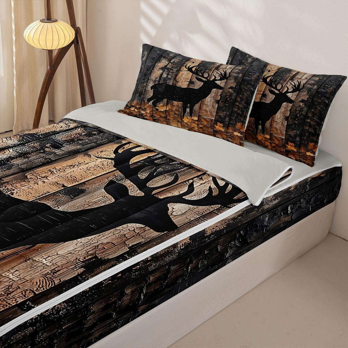 Feelyou Deer Hunting Comforter Set Full Tree Branches Zipper Bedding Set for Kids Boys Girls Farmhouse Woodland Animal Bed in a Bag Microfiber with 2 Pillow Cases