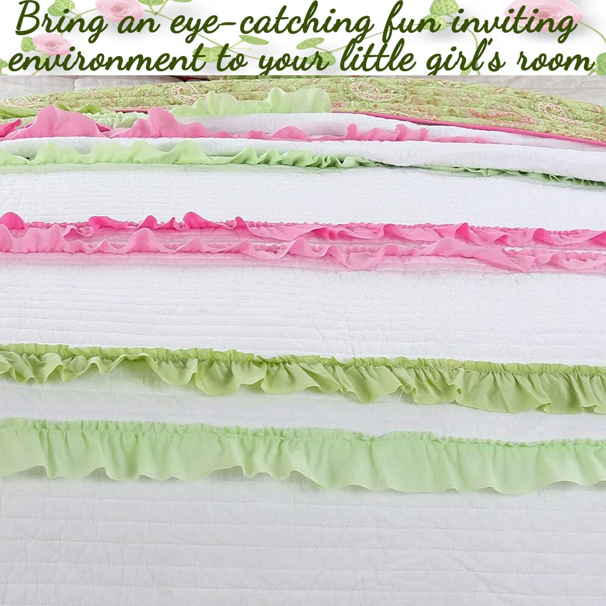 Cozy Line Home Fashions Pink Green Chic Ruffles Girl 100% Cotton Reversible Quilt Bedding Set, Coverlet, Bedspreads (Twin - 2 Piece: 1 Quilt + 1 Sham)