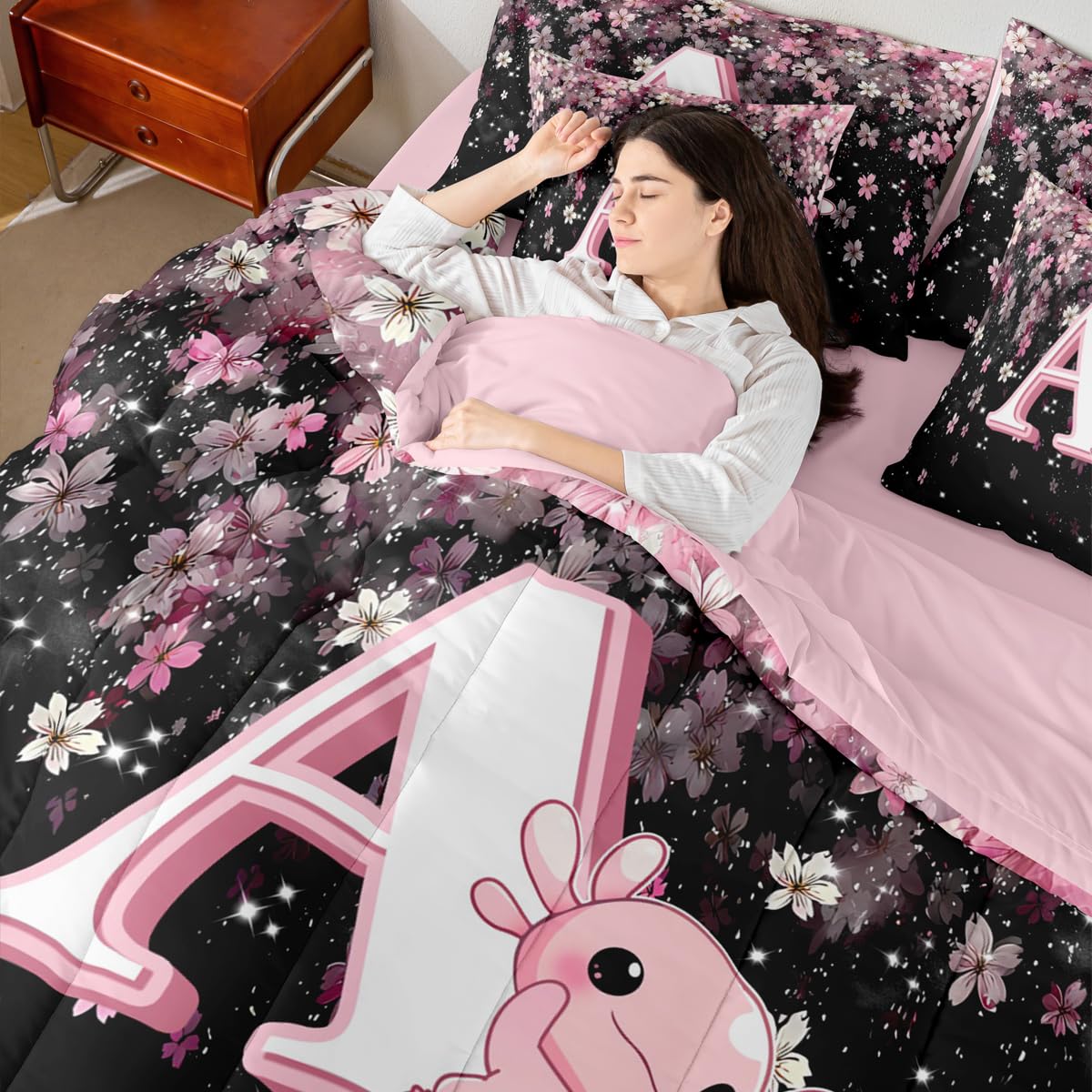 Erosebridal Pink Axolotl Comforter Set for Teen Girl (Pink Black,7Pcs,Twin Size) - Cute Initial Letter A Bed in A Bag Cherry Blossom Bedding Set Girly Preppy Cute Axolotl Quilt with Initial Design