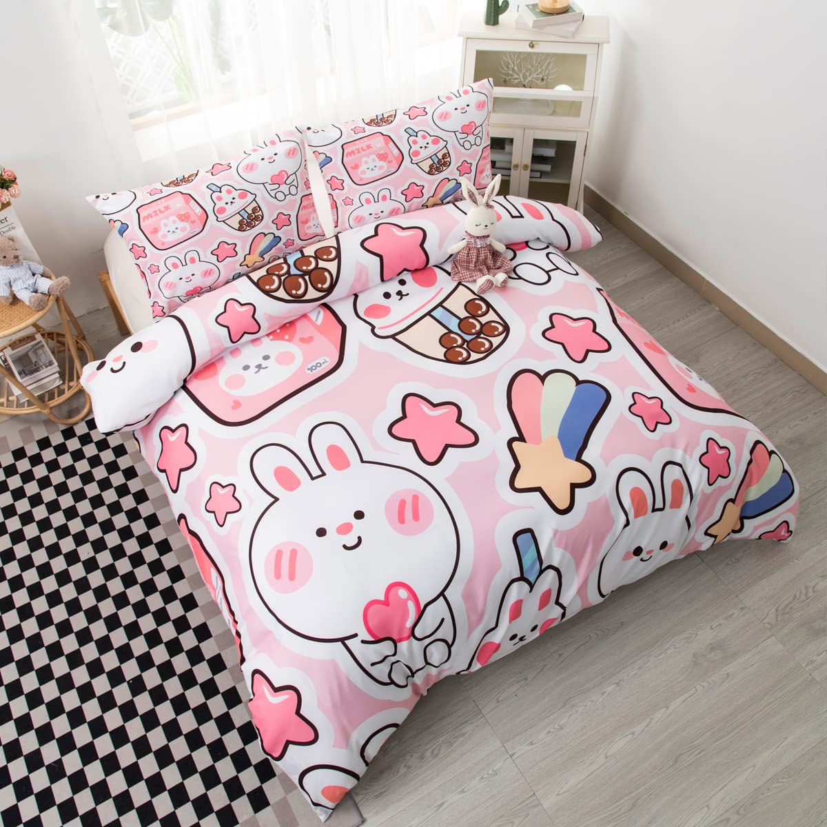 CVHOUSE Kawaii Bedding Set King Size,Cute Rabbit Bed for Girls Kids Teens,Pink Comforter Cover Soft,Kawaii Duvet Set,Girls Room Decor Quilt King 90'x102'